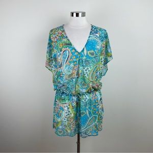 Ralph Lauren Green Blue Paisley Sheer Mesh Top Women Large